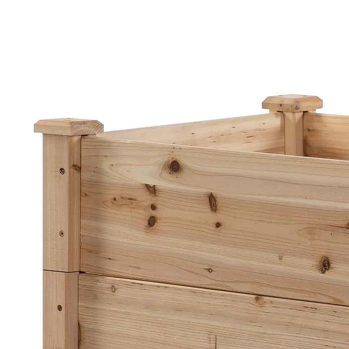 Outsunny Hochbeet - Holz, Naturholz - Nahaufnahme eines hellen Hochbeets aus Naturholz, das Maserung, Äste und Eckpfosten mit Zierkappen zeigt.