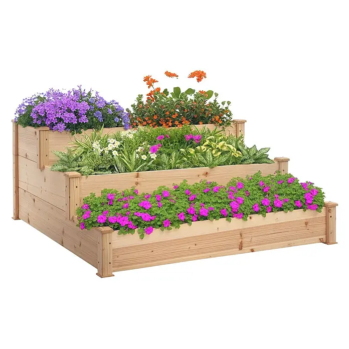 Outsunny Hochbeet - Holz, Naturholz - Gestuftes Hochbeet aus hellem Holz mit bunten Blumen und Pflanzen.