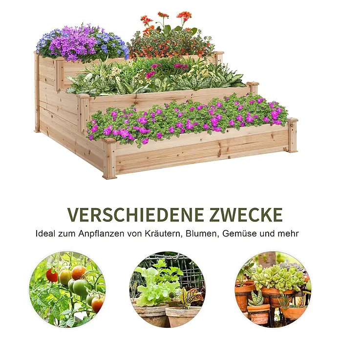 Outsunny Hochbeet - Holz, Naturholz - Gestuftes Hochbeet aus Holz, gefüllt mit bunten Blumen und Pflanzen.
