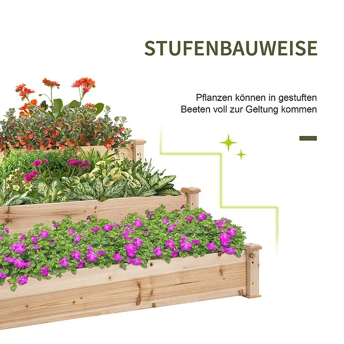 Outsunny Hochbeet - Holz, Naturholz - Gestuftes Hochbeet aus Holz, gefüllt mit bunten Blumen und Pflanzen. Das Stufendesign präsentiert verschiedene Pflanzenarten.