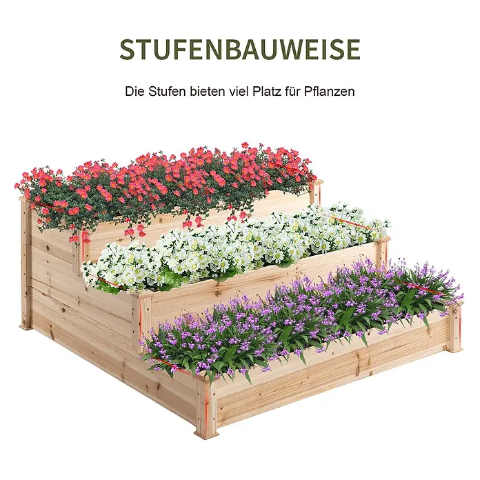 Outsunny Hochbeet - Holz, Naturholz - Dreistufiges Hochbeet aus Naturholz, bietet viel Platz für Pflanzen.