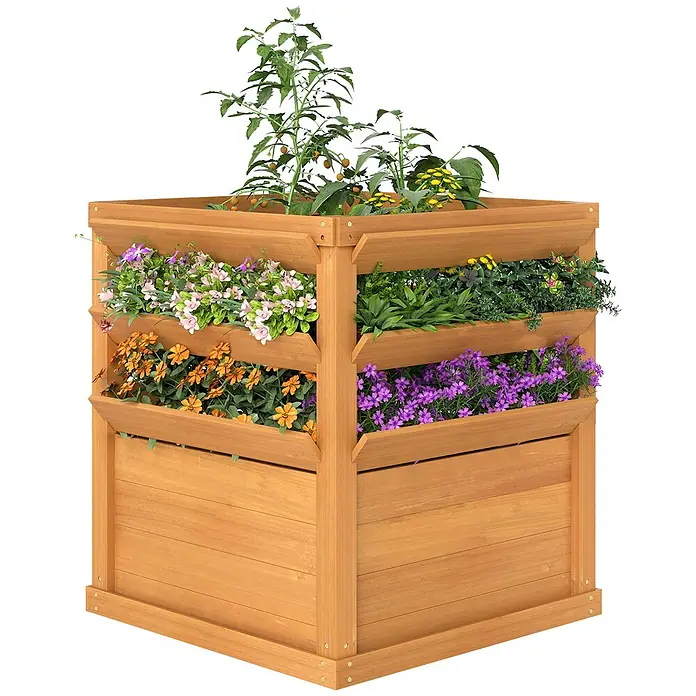 Outsunny Hochbeet - Holz, Karamellbraun - Quadratischer, mehrstufiger Holzpflanzkasten mit bunten Blumen und Grünpflanzen für vertikales Gärtnern.