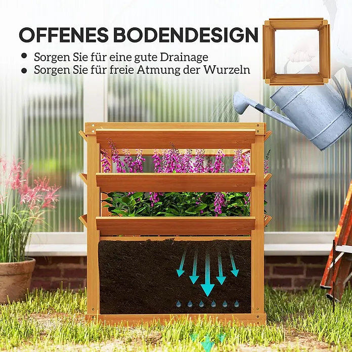 Outsunny Hochbeet - Holz, Karamellbraun - Ein gestaffeltes Holzhochbeet mit Pflanzen, das sein offenes Bodendesign mit Pfeilen zur Veranschaulichung der Entwässerung und Wurzelatmung zeigt.