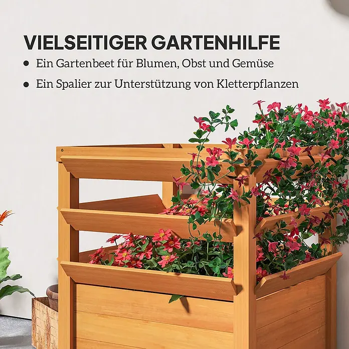 Outsunny Hochbeet - Holz, Karamellbraun - Holz-Pflanzkasten mit integriertem Spalier, bepflanzt mit roten Blumen und Kletterpflanzen.