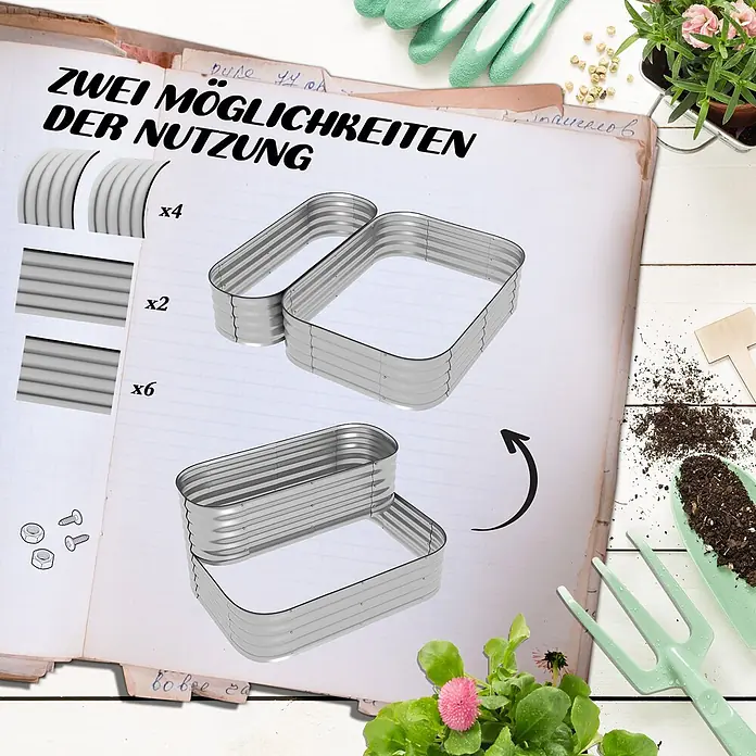 Outsunny Hochbeet - Metall, Silber - Silberne, modulare Metall-Hochbeete in zwei Aufbauvarianten auf einer Anleitung mit Gartengeräten.