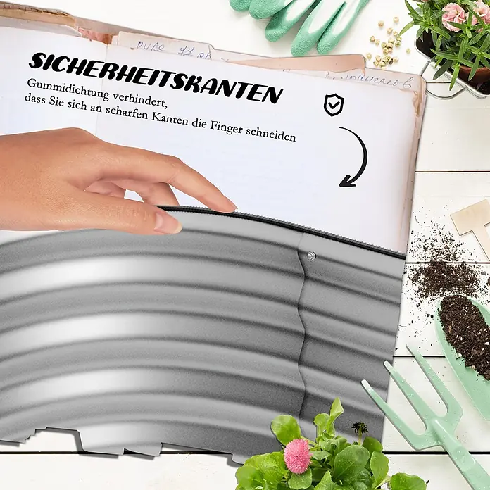 Outsunny Hochbeet - Metall, Silber - Hand demonstriert Sicherheitskanten mit Gummidichtung, um Finger vor Schnitten zu schützen, wie im Handbuch beschrieben.
