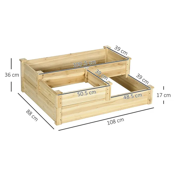 Outsunny Hochbeet - 108 x 88 x 36 cm, Holz, Naturholz - Ein hellbraunes, mehrstufiges Hochbeet aus Holz mit drei unterschiedlich hohen Sektionen.