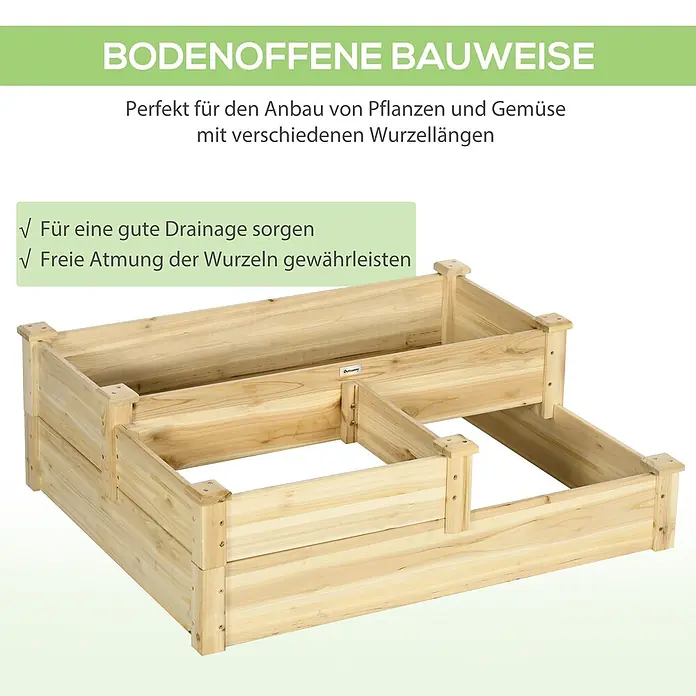 Outsunny Hochbeet - 108 x 88 x 36 cm, Holz, Naturholz - Gestuftes Hochbeet aus hellem Holz, ideal für den Anbau verschiedener Pflanzen.
