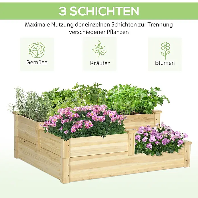 Outsunny Hochbeet - 108 x 88 x 36 cm, Holz, Naturholz - Mehrstufiges Hochbeet aus Holz mit 3 Ebenen, bepflanzt mit Gemüse, Kräutern und Blumen.