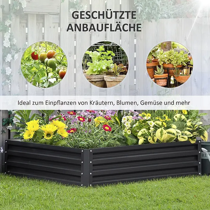 Outsunny Hochbeet - Stahl, Grau - Schwarzes Metall-Hochbeet für Pflanzen, gefüllt mit Blumen und Gewächsen auf grünem Rasen.