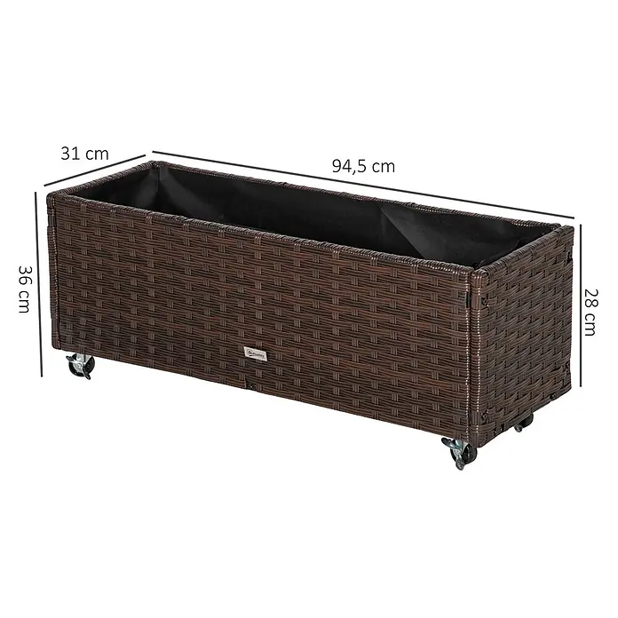 Outsunny Hochbeet - Stahl, Braun - Brauner Polyrattan-Pflanzkübel auf Rollen mit schwarzem Innensack. Maße: 94,5x31x36 cm (LxBxH).