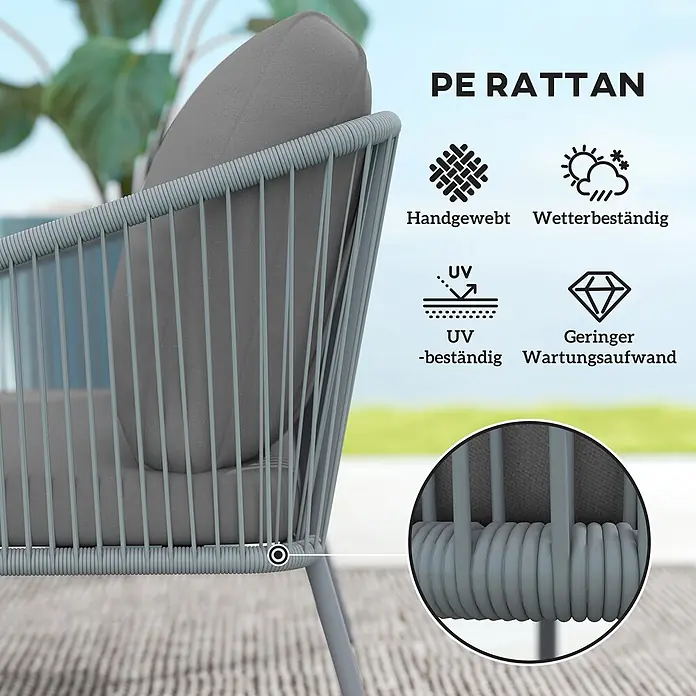 Outsunny Gartenbank - B x T x H: 72 x 72 x 76 cm, Stahl, PE-Rattan, Polyester, Schaumstoff, Grau - Grauer PE-Rattan Outdoor-Stuhl mit Kissen. Handgewebt, wetterfest, UV-beständig, pflegeleicht.