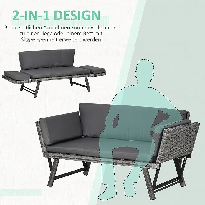 Outsunny Gartenbank - B x T x H: 63 x 63 x 67 cm, Stahl, Polyrattan, Polyester, Grau - Graues Rattan-Sofa mit dunklen Kissen, das sich von einem kompakten Sofa in eine ausziehbare Liege oder ein Bett verwandeln lässt.