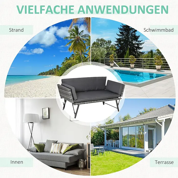 Outsunny Gartenbank - B x T x H: 63 x 63 x 67 cm, Stahl, Polyrattan, Polyester, Grau - Graues Zweisitzer-Sofa im Rattan-Stil mit dunklen Polstern, vielseitig für Innen- und Außenbereiche wie Strand, Pool und Terrasse.