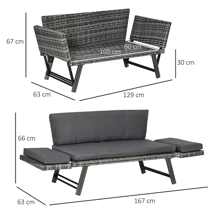 Outsunny Gartenbank - B x T x H: 63 x 63 x 67 cm, Stahl, Polyrattan, Polyester, Grau - Graues Rattan-Effekt Gartensofa mit klappbaren Seitentischen und Kissen, in zwei Konfigurationen mit Maßen dargestellt.