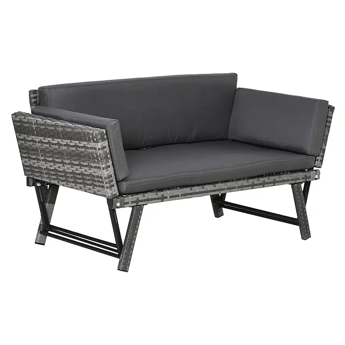 Outsunny Gartenbank - B x T x H: 63 x 63 x 67 cm, Stahl, Polyrattan, Polyester, Grau - Graues Rattan-Effekt 2-Sitzer Outdoor-Sofa mit dunkelgrauen Kissen und Metallbeinen.