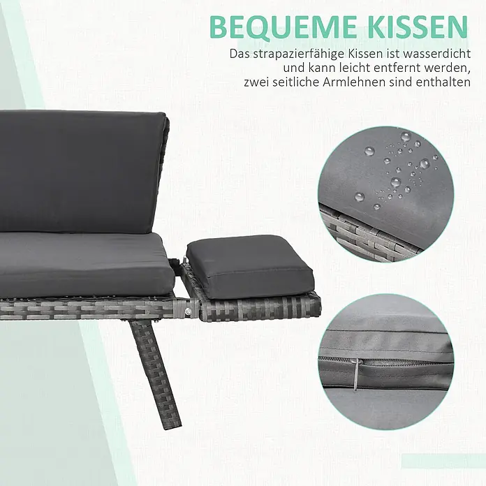 Outsunny Gartenbank - B x T x H: 63 x 63 x 67 cm, Stahl, Polyrattan, Polyester, Grau - Bequeme, dunkelgraue wasserdichte Kissen auf einem grauen Rattan-Gartensofa, mit Nahaufnahmen von Wasserabweisung und Reißverschluss.