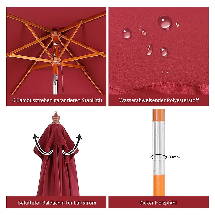 Furnicato Balkonschirm - Weinrot - Roter Gartenschirm mit robustem Bambusgestell, wasserabweisendem Polyesterdach, belüfteter Oberseite für Luftstrom und 38mm dickem Holzpfahl.