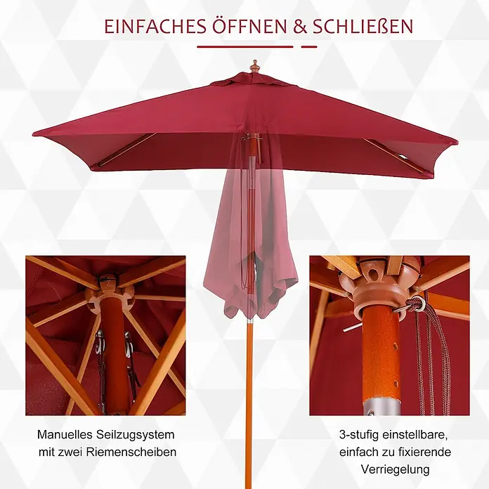 Furnicato Balkonschirm - Weinrot - Roter Sonnenschirm mit manuellem Seilzugsystem und zwei Riemenscheiben, 3-stufig verriegelbar zum einfachen Öffnen und Schließen.