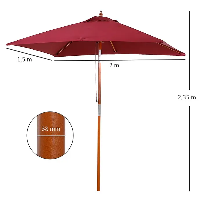 Outsunny Balkonschirm - Weinrot - Roter rechteckiger Sonnenschirm mit Holzstange, 2x1,5m Schirmdach, 2,35m Höhe, 38mm Stangendurchmesser.