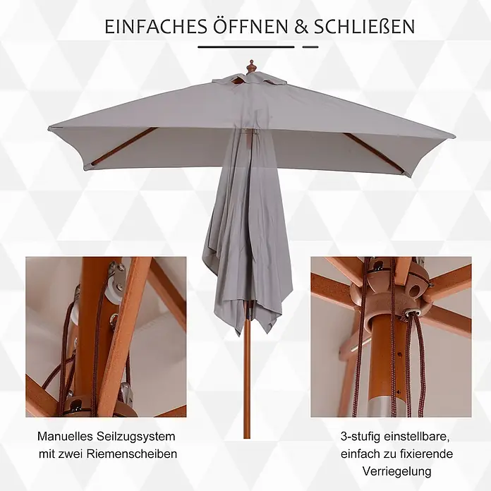 Furnicato Balkonschirm - Grau - Grauer Gartenschirm mit Holzgestell, manuellem Seilzugsystem und 3-stufiger Verriegelung für einfaches Öffnen und Schließen.