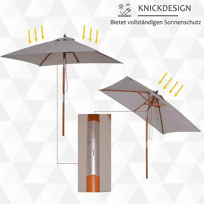 Furnicato Balkonschirm - Grau - Grauer quadratischer Terrassenschirm mit Holzstange und Kippmechanismus für Sonnenschutz.