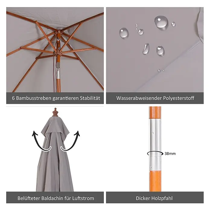 Furnicato Balkonschirm - Grau - Grauer Garten-Sonnenschirm mit wasserabweisendem Polyesterdach, 6 Bambusstreben, belüftetem Oberteil und dickem Holzpfahl (38mm).