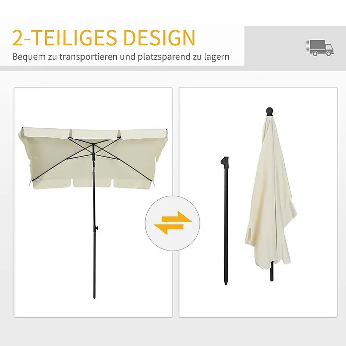 Furnicato Balkonschirm - Cremeweiß - Cremefarbener Sonnenschirm mit schwarzem Gestell, offen und zerlegt in zwei Teilen für einfachen Transport und Lagerung.