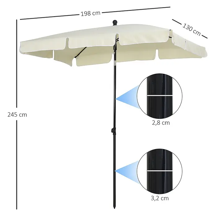 Outsunny Balkonschirm - Cremeweiß - Cremefarbener Outdoor-Sonnenschirm, H 245 cm, B 198 cm, T 130 cm. Mastdurchmesser 2,8 cm u. 3,2 cm.