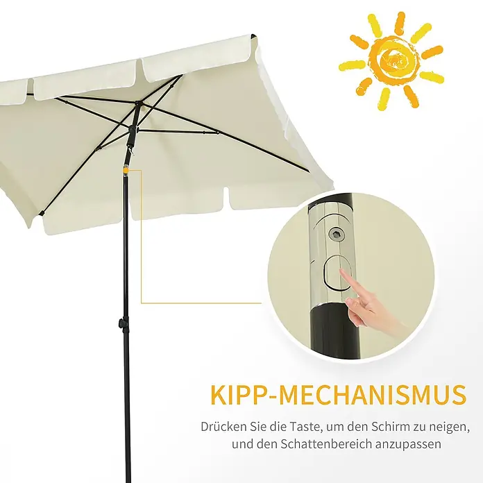 Furnicato Balkonschirm - Cremeweiß - Beiger Sonnenschirm mit schwarzem Gestell, eine Hand drückt den Kippmechanismus-Knopf am Schirmstock.