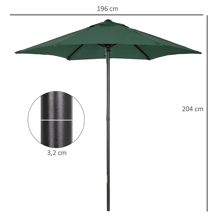 Outsunny Balkonschirm - Grün - Dunkelgrüner Gartenschirm mit 196 cm Durchmesser und 204 cm Höhe, schwarze Stange mit 3,2 cm Durchmesser.