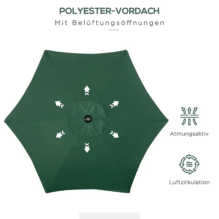 Outsunny Balkonschirm - Grün - Dunkelgrünes Polyester-Sonnenschirmdach mit integrierten Belüftungsöffnungen für Atmungsaktivität und Luftzirkulation.
