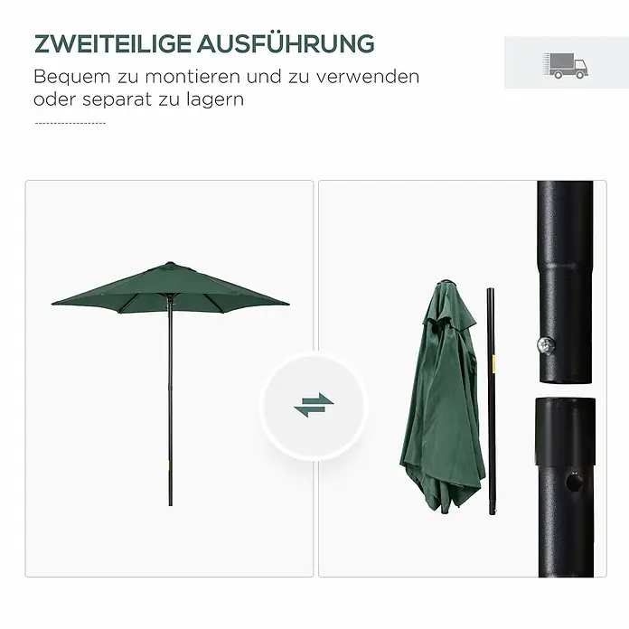 Outsunny Balkonschirm - Grün - Grüner Sonnenschirm mit zweiteiligem schwarzem Stock für einfache Montage und Lagerung.