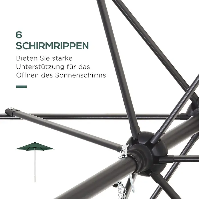 Outsunny Balkonschirm - Grün - Detail des schwarzen Schirmgestells mit 6 Rippen für starke Öffnungsunterstützung, plus kleine grüne Sonnenschirm-Illustration.