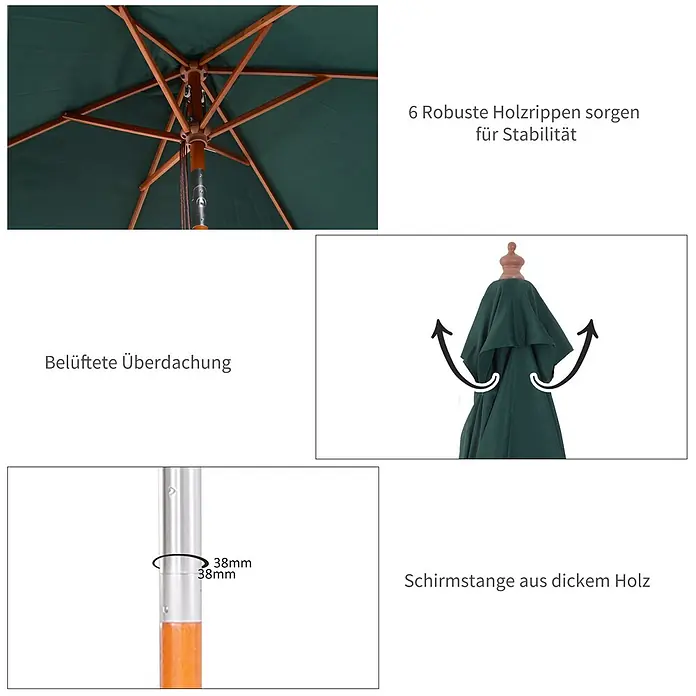 Furnicato Balkonschirm - Grün - Dunkelgrüner Sonnenschirm mit stabilen Holzrippen, belüftetem Dach und dickem 38mm Holzstock.