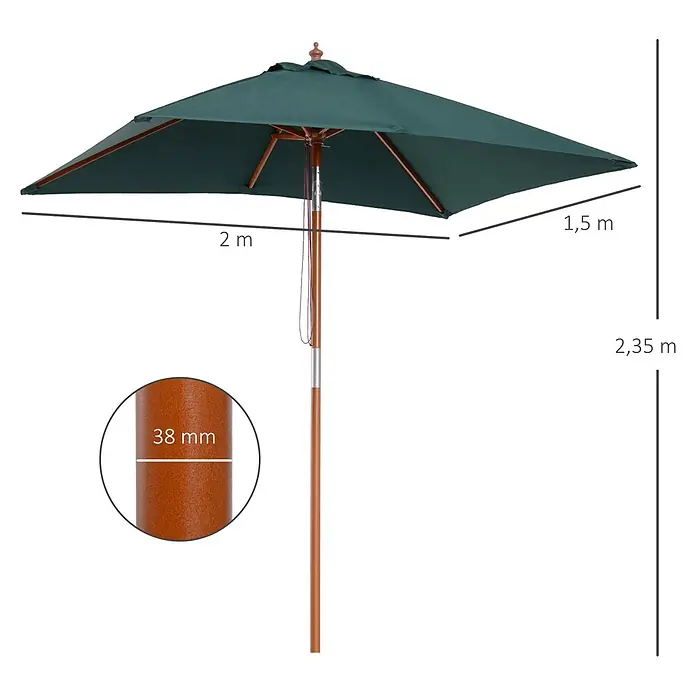 Outsunny Balkonschirm - Grün - Grüner rechteckiger Gartenschirm mit Holzstange. Schirm 2 x 1,5 m, Gesamthöhe 2,35 m, Stangendurchmesser 38 mm.