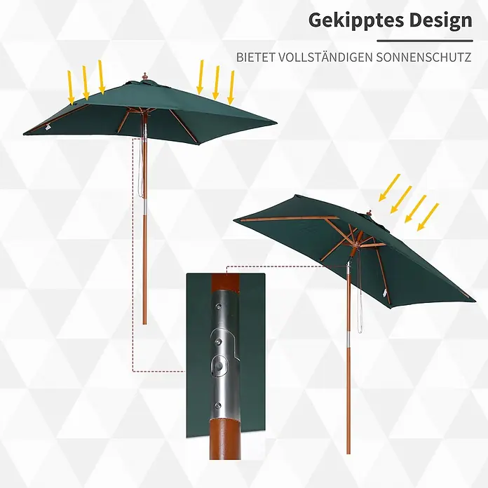 Furnicato Balkonschirm - Grün - Dunkelgrüner Gartenschirm mit Holzstange, der seine Neigefunktion für umfassenden Sonnenschutz zeigt. Nahaufnahme des Neigemechanismus.