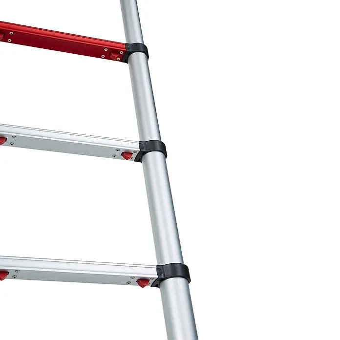 Altrex Teleskopleiter Teleskopleiter Smart Up Active 13 Sprossen - Anzahl Tritte: 13 Stk., Arbeitshöhe: 4.800 m, Aluminium - Silberne Teleskopleiter mit roten Sprossen und schwarzen Verriegelungsmechanismen.
