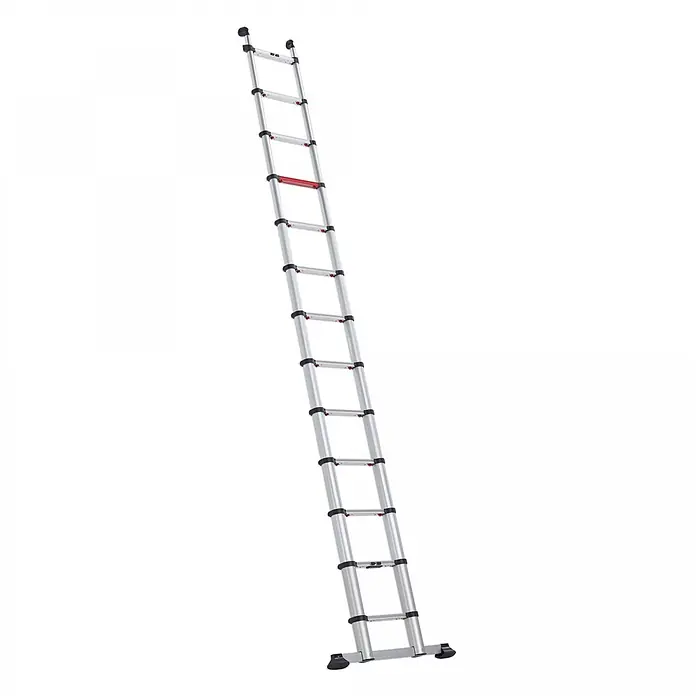 Altrex Teleskopleiter Teleskopleiter Smart Up Active 13 Sprossen - Anzahl Tritte: 13 Stk., Arbeitshöhe: 4.800 m, Aluminium - Silberne Teleskopleiter mit schwarzen Antirutschfüßen und roten Sprossenverriegelungen.