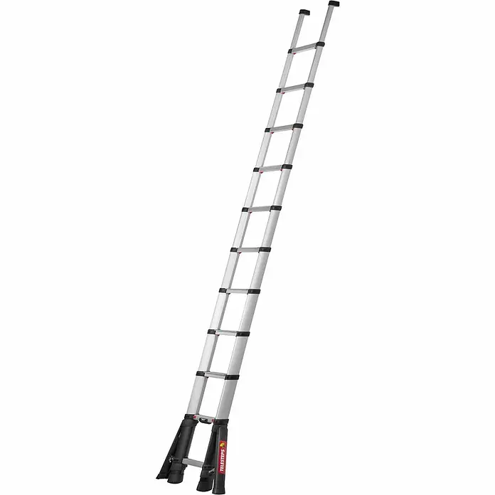 Telesteps Teleskopleiter Anlegeleiter Prime Line 11 Stufen - Anzahl Tritte: 11 Stk., Arbeitshöhe: 4.300 m, Belastbarkeit: 150 kg, Aluminium - Silberne ausziehbare Teleskopleiter mit schwarzen Antirutschfüßen und roten Details, vollständig ausgefahren.