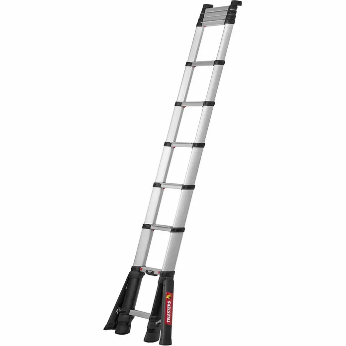 Telesteps Teleskopleiter Anlegeleiter Prime Line 11 Stufen - Anzahl Tritte: 11 Stk., Arbeitshöhe: 4.300 m, Belastbarkeit: 150 kg, Aluminium - Ausgezogene silberne Teleskopleiter mit schwarzen Antirutschfüßen.