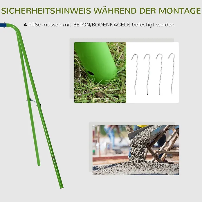 Outsunny Schaukel - B x L: 140 x 280 cm, Metall - Grünes Metallgestell mit Sicherheitshinweis zur Befestigung mit Beton oder Bodennägeln.