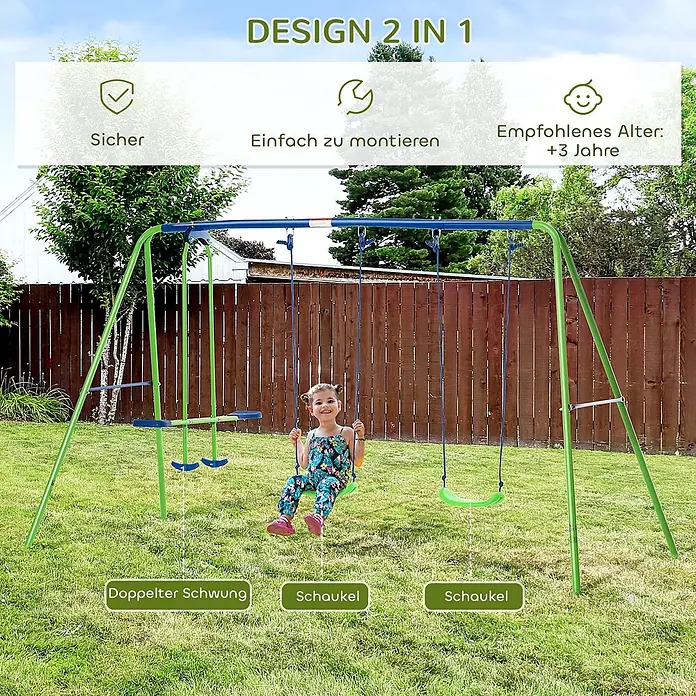 Outsunny Schaukel - B x L: 140 x 280 cm, Metall - Grün-blaues Metall-Schaukelset mit zwei Schaukeln und Doppelschaukel, von einem Kind im Garten genutzt. 2-in-1-Design ab 3 Jahren.