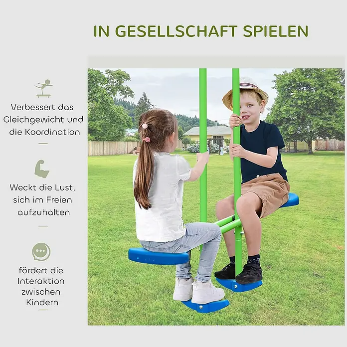 Outsunny Schaukel - B x L: 140 x 280 cm, Metall - Zwei Kinder spielen auf einer grünen Wippe mit blauen Sitzen im Garten. Sie verbessert Gleichgewicht, Koordination und fördert Outdoor-Spiel sowie Interaktion.