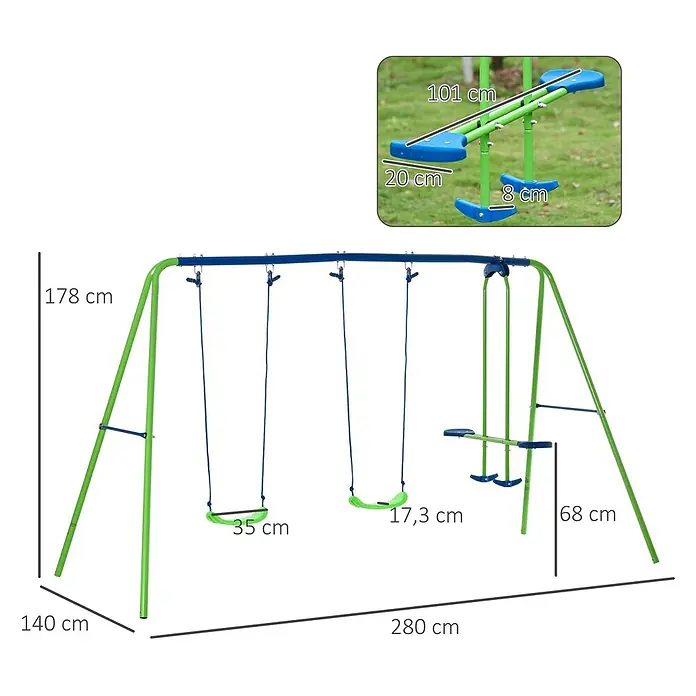 Outsunny Schaukel - B x L: 140 x 280 cm, Metall - Grün-blaues Metall-Schaukelset mit zwei Schaukeln und einer Wippe, Maße angegeben.