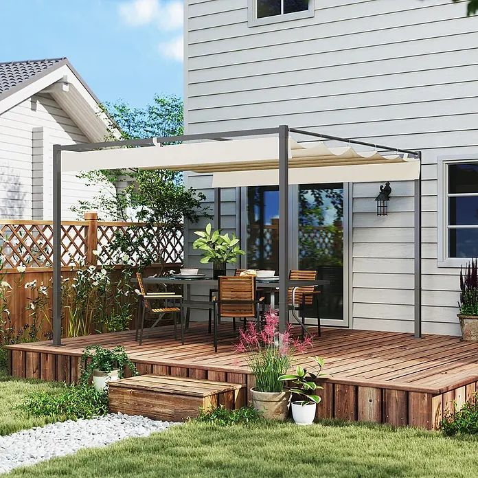 Outsunny Raffpavillon - Farbe Dach: Beige - Dunkelgraue Pergola mit ausziehbarem cremefarbenem Sonnensegel über einem Terrassen-Essbereich.
