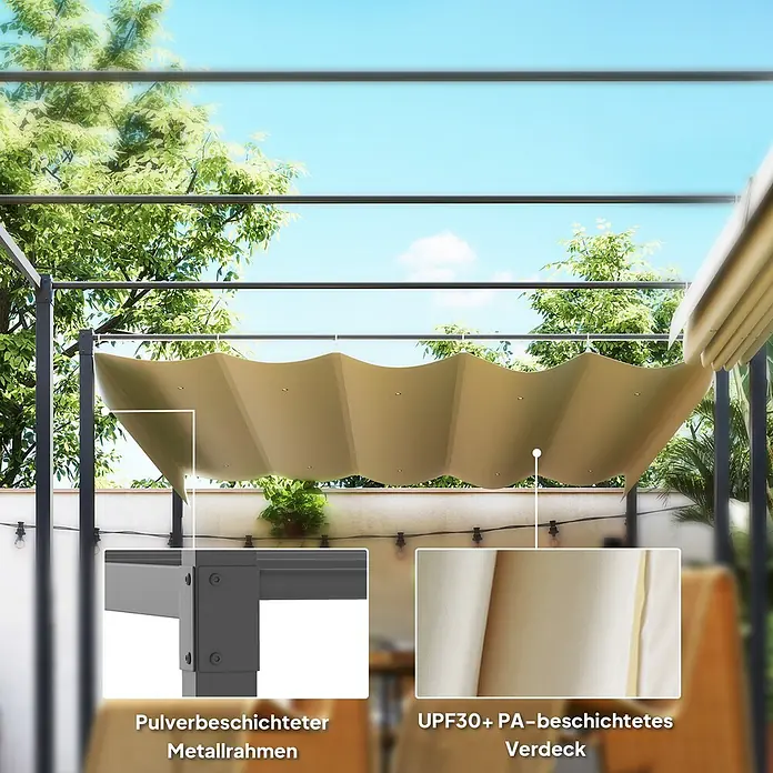 Outsunny Raffpavillon - Farbe Dach: Beige - Beige wellenförmige, einziehbare Markise mit UPF30+ PA-Beschichtung auf pulverbeschichtetem Metallrahmen, spendet Schatten im Außenbereich.