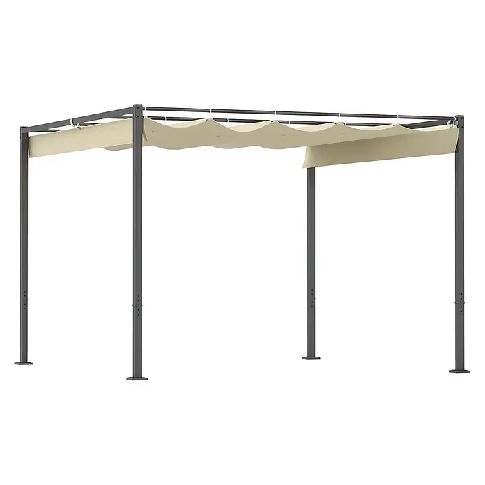 Outsunny Raffpavillon - Farbe Dach: Beige - Dunkelgraue Metallpergola mit beigefarbenem, ausziehbarem Stoffdach zum Schatten spenden.