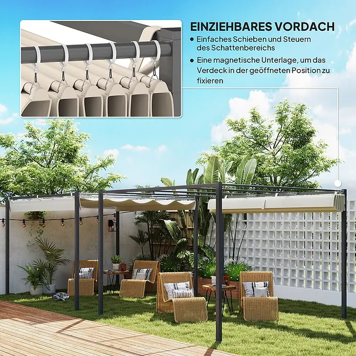 Outsunny Raffpavillon - Farbe Dach: Beige - Beiges, ausziehbares Pergola-Vordach mit grauer Struktur und weißen Schieberingen, bietet verstellbaren Schatten im Garten.