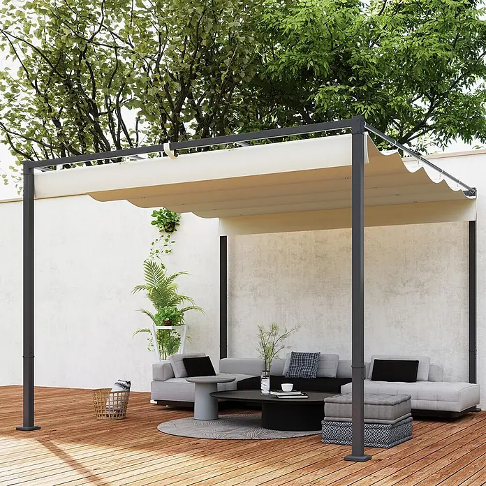 Outsunny Raffpavillon - Farbe Dach: Beige - Moderne dunkelgraue Pergola mit ausfahrbarem beigem Stoffdach, die einen schattigen Außenwohnbereich mit modernen Möbeln schafft.